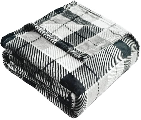 DEZ FURNISHINGS Velvet Plush Blanket, Super Soft, for Couch, Bed, All Season Use, Queen (90 x 90), Gray Plaid