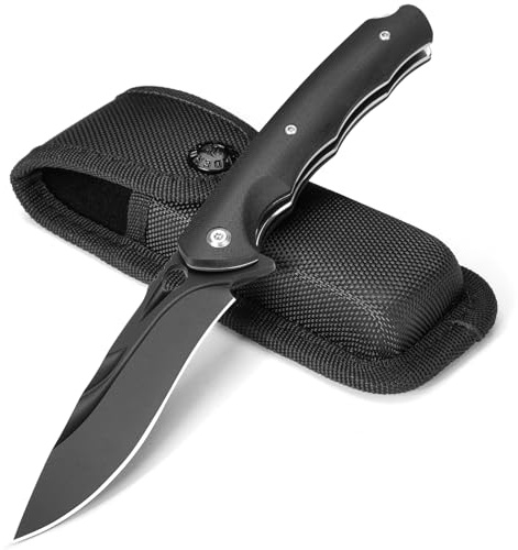 SPITZKANTE Einhandmesser H0MG1, D2 Stahl Klappmesser mit Taschen-clip und Nylontasche, EDC Survival Outdoor Taschenmesser für Camping, G10 Griff, Vollschwarz