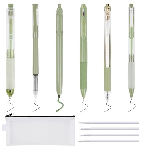 6 Stück Gelstifte Set, 0,5mm Gelschreiber, Aesthetic Stifte, Einziehbare Tintenroller mit 4 Nachfüllminen, Schnell Trocknende Gel Stift mit Mesh Federmäppchen für Schule Büro (Schwarz ＆ Grün)