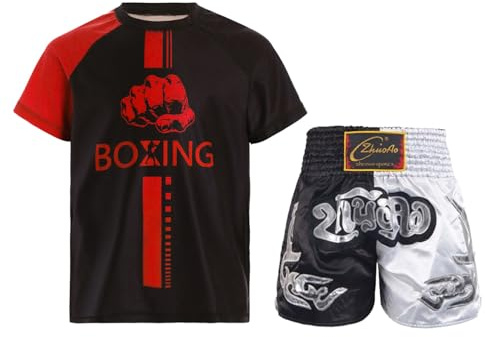 Runhomal Barn pojkar boxningsshorts MMA kickboxning kampsport träning tävling sportset 5–16 år, röd svart vit, 11-12 år