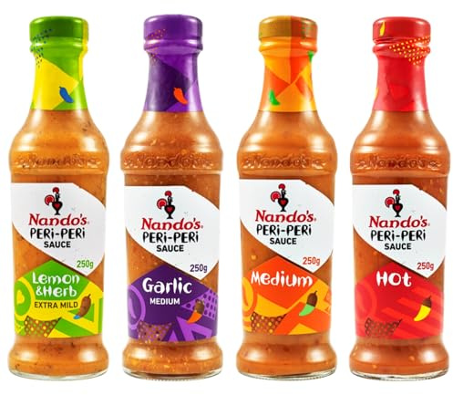 Nando's Coffret Sauces PERi-PERi - Lot de 4 x 250g – L&H, GAR, MED, HOT Combo - Sauces Pimentées Assorties