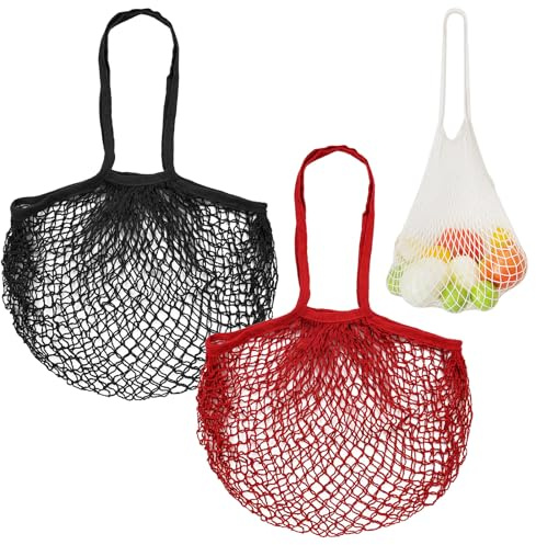 M METERXITY 2-Pack Cotton Mesh Bag, Reusable Washable Mesh Net String Grocery Bags, Reusable Produce Bags with Handle, Net Tote Bag for Fruits/Vegetables Shopping [Red, Black, Long Handle]