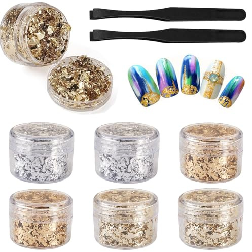 VIDSTW 6 Caja Pan de Oro Manualidades con 2 Pinzas Papel de Oro en 3 Brillante Colores para Papel Madera Tela Cerámica Vidrio Lámina Dorada para Decorativos Resina Pinturas Uñas