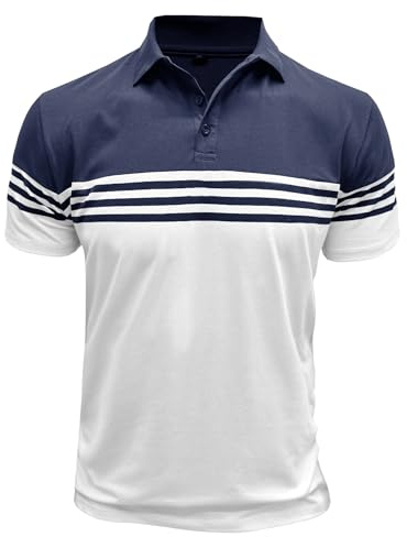 MakingDa Men’s Polo Shirts Short Sleeve Color Block Horizontal Stripes Summer Regular Fit Buttons Collared Shirts Classic Casual Golf Work Lightweight Tee Tops Navy Blue White XL
