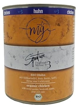 My Nassfutter Bio-Huhn mit Bio Süßkartoffel, Bio Rote Beete, Bio Apfel und Bio Birne 820g Dose mÿ Hundefutter ohne Konservierungsstoffe, künstliche Aromastoffe und Farbstoffe & Lockstoffe