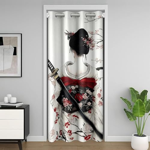 Loussiesd Türvorhang, Motiv: Japanische Geisha, Privatsphäre, 86 x 203 cm, für Kinder, Jungen, Mädchen, Teenager, japanischer Ukiyoe, 30 % - 50 % Verdunkelung, Türvorhang, Kirschblüten