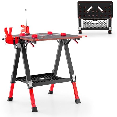 TANGZON Folding Workbench, Height Adjustable Flip-Top Work Bench Saw Horse Workstation with 4 Clamp Dogs & 2 Quick Clamps, Portable Heavy Duty Work Table Tool Stand (Red, 70 x 65 x 60-91cm)