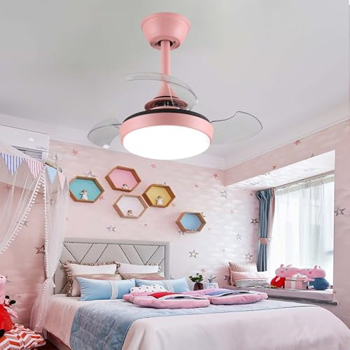 Luyaim 70CM Infantil Ventilador De Techo Con Luz Y Mando A Distancia - Aspas Retráctiles Modernas, 6 Velocidades Ventiladores Para El Techo Con Lámpara Para Habitación Niños/Salón-Pink