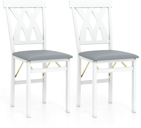 COSTWAY Klappstühle 2er Set, Esszimmerstühle klappbar, Küchenstühle mit gepolsterten Sitzen & Gummiholzbeinen, armlose Polsterstühle bis 150 kg belastbar, für Esszimmer, Küche, Wohnzimmer (Weiß)