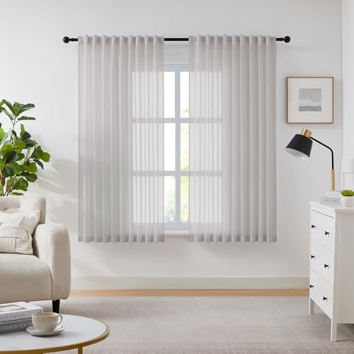 Melodieux Kräuselband Vorhänge mit Haken Schlafzimmer - Kurze Gardinen Durchsichtig Grau, Transparent Polyester Vorhang Modern Wohnzimmer Schlafzimmer, Schlaufengardinen, 210×137cm (H×B) 2er Set