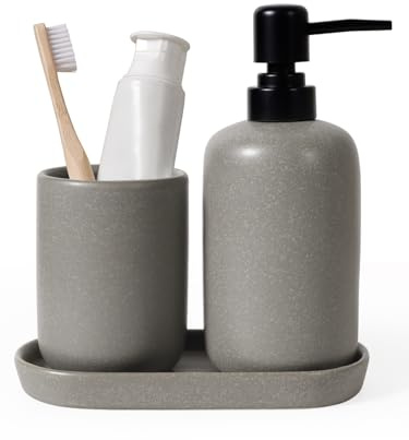 Autumnlife Keramik Badezimmer Zubehör Set Grau, 3-Teilig Bad Set Steinoptik Badzubehör mit Schmal Seifenspender, Zahnputzbecher & Ablageschale, Praktisch für Bad, Waschbecken, Hotel