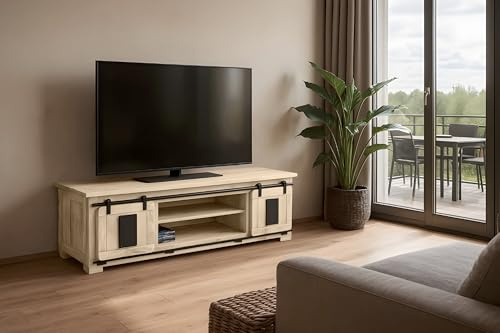 SAM Lowboard Libro II 180x55x50 cm, Akazie Eiche, TV-Board/Fernsehkommode | mit 2 Holzschiebetüren & 6 offenen Fächern, Türelemente & Reling aus Eisen, Akazienholz eichefarben & massiv