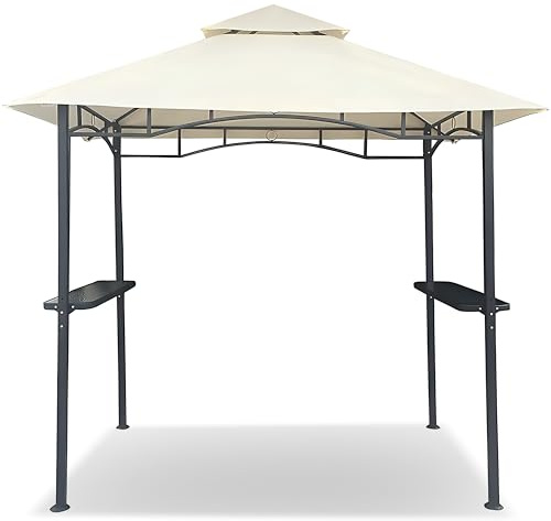 Wasserdicht 2.5x1.5m Grillpavillon BBQ Grillüberdachung mit Doppeldach, 2 Seitenregalen Glas Wetterfeste Gartenlaube BBQ-Gazebo-Überdachung für Außengrill Party Grillunterstand (Beige)