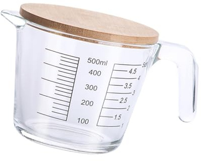 DECOMELODY Taza Medidora Para Hornear De Vidrio Resistente Al Calor 500ml Con Tapa De Madera Copa Graduada Práctica Para Cocina y Repostería Uso Doméstico