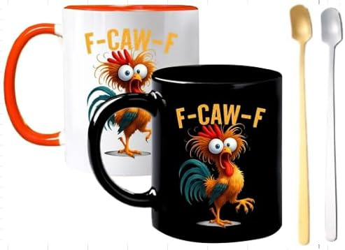 Rbleote 2 Pièces Tasses À Café F Caw F (Noir + Blanc), F-Caw-F Tasse Drole, Mug Personnalisé, 300-400 ML Chacune, Un Cadeau Unique Pour Les Collègues Et Les Amis, Avec Deux Petites Cuillères En Métal