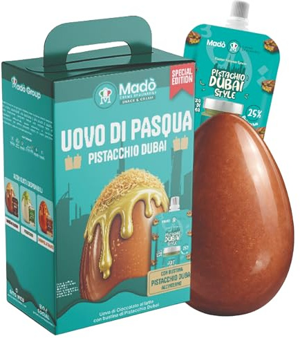 MADÒ Uova di Pasqua 2026 Artigianale al Pistacchio Dubai MADE IN ITALY - Uovo di Pasqua Cioccolato al Latte e Crema Spalmabile al Pistacchio Dubai (300+100g)