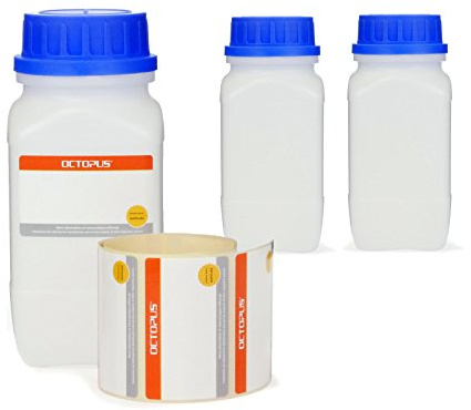 3x 750 ml Weithals-Flaschen mit blauem Deckel, naturfarben, vierkant, G 54 | Bruchfeste Laborflasche mit weiter Öffnung, leicht zu befüllen und für kleine Materialmengen geeignet