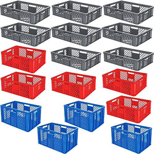 BRB 17-teiliges Set, Bäckerkisten / Eurobehälter durchbrochen, Grundmaß LxB 600x400 mm, H 150 - 320 mm, 27 - 63 Liter, blau, grau, rot