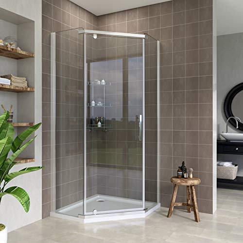 ELEGANT 900x900mm Semi-Frameless Pivot Pentagonal Shower Enclosure with Tray 8mm Tempered Glass Corner Shower Cubicle Door with Tray and Waste