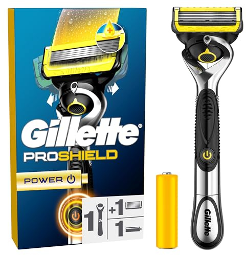 Gillette Rasoir Homme Proshield Power, 1 Cartouche, Argent – Manche Réutilisable, Tête Flexible à 5 Lames en Acier Inoxydable Longue Durée, Bande Lubrifiante x2, 1 Recharge Jusqu’à 30 Rasages