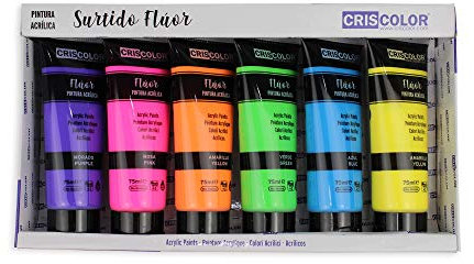 CRISCOLOR Fluoreszierende Acrylfarbe, Set mit 6 x 75 ml, für Kunstarbeiten und Basteln, für Anfänger, Studenten und professionelle Künstler (Fluor 6 x 75 ml)
