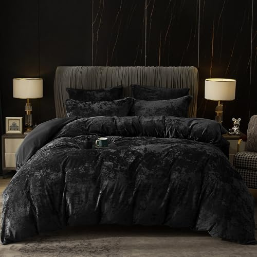 PHF Truly Velvet Duvet Cover Set Queen Size, 3pcs Ultra Soft Breathable Comforter Cover Set, Luxury Cozy Flannel Duvet Cover with Pillow Shams Bedding Collection, 90 x 90, Black