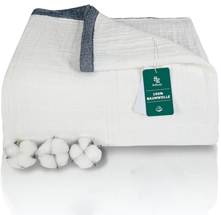 SE SOFTEXLY Musselin Decke 150 x 200 aus 100% Baumwolle, Weiche und Atmungsaktive Kuscheldecke, Leichte Tagesdecke für Alle Jahreszeiten, Sofadecke für Sofa und Bett (Weiß, 150 x 200 cm)