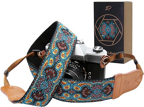 Mystisches Blau Kameragurt –Doppellagiges Echtem Leder Enden,2Kameragurt aus Reine Baumwolle Bestickt Gewebt,Verstellbarer Universal Schulter oder Nackengurt für alle Kameras,Geschenk für Fotografen