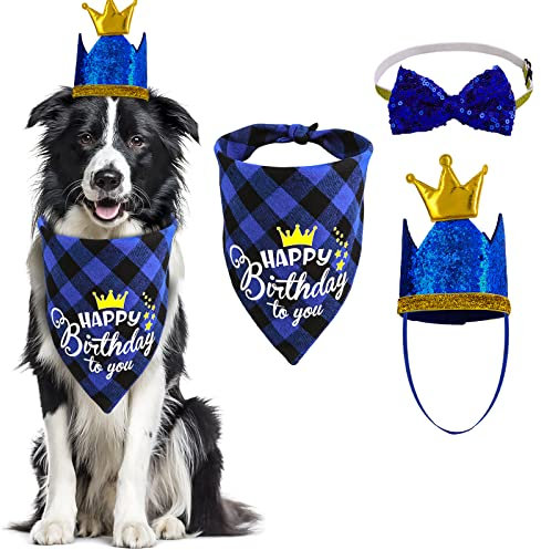 Coobe Hundegeburtstags Bandana Hut Fliege Set, 3 teiliges Hundegeburtstags Party Zubehör Hundekariertes Bandana Bling Kronen Hut Glitzer Fliege Halsband für kleine mittelgroße Hunde