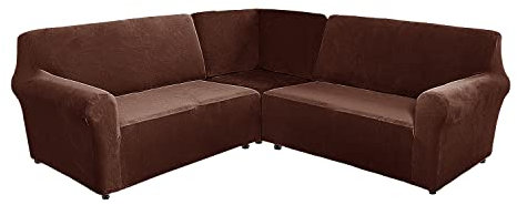 ele ELEOPTION Velvet Sofa Cover L Shape 5 Seater Corner Sofa Cover 3-Piece Stretch Sofa Cover for L-Shaped Sofa Furniture Thick Soft Washable Corner Sofa Cover