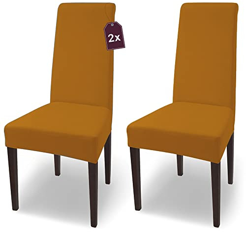 Scheffler Home Stuhlhussen Senfgelb 2er Set Jersey Baumwolle Natalie | Waschbare Stretch-Stuhlbezüge für Schwingstühle, Freischwinger und Esszimmerstühle, Öko-Tex zertifiziert