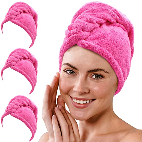 Gräfenstayn Uppsättning av 3 hårturban mikrofiber med 2 knappar – turbanhandduk snabbtorkande och absorberande – hårhandduk kort och långt hår, huvudhandduk med knapp (fuchsia)