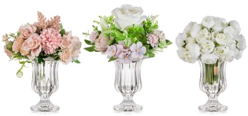Glasseam Jarrones de vidrio para decoración, juego de 3 jarrones de compota pequeños para centros de mesa, jarrón transparente estriado para flores, jarrón decorativo de pedestal para decoración de