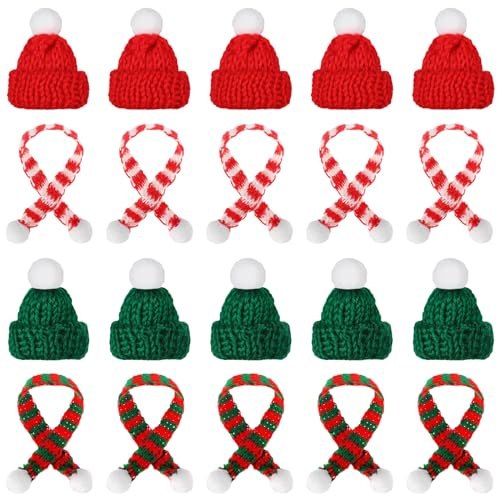 Dereine Mini Weihnachtsmütze, Nikolausmütze Klein, Mini Weihnachtsmütze und Schal Set, Mini-Strickmütze des Weihnachten für Weihnachten Weinflasche Abdeckung, Puppenhaus, Weihnachtsfeiern