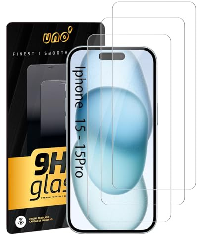 UNO' - 3 UND De Protector de Pantalla Compatible Con iPhone 15/15 Pro (6.1), Cristal Templado 9H, Ultra Resistente y Transparente, Fácil Instalación Sin Burbujas, Antihuellas y Antiarañazos.