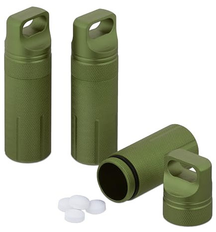 Relaxdays Cápsula Impermeable (3 Unidades) 3 Pastilleros Viaje, Herméticos, Caja Medicamentos, Llavero, Exterior, Aluminio, 9,5x3 cm, Verde