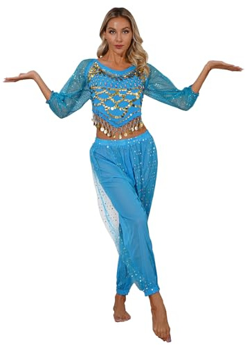 Freebily Donne Danza del Ventre Professionale Costume Danza Indiana Asiatico Arabo Vestito Danzatrice del Ventre Costume per Ballare Egiziano Arabian Performance Outfit Cielo blu Taglia unica