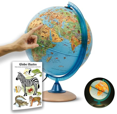 ORBIT Globes & Maps - Globe pour enfants - Globe de 25cm avec pied en bois, carte de France avec de nombreuses illustrations pour enfants avec lampe LED avec livre
