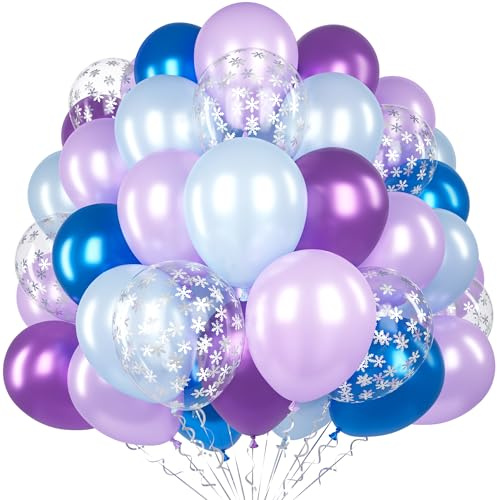 Frostballonger, 60 st 30 cm (12 tum) metalliska blå lila helium latexballonger med 2 band och snöflinga konfettiballonger för flickor, prinsessa, Frost tema, födelsedagsfest, baby shower, jubileum