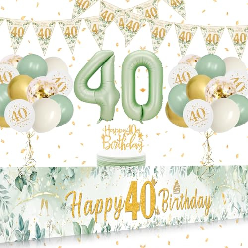 40. Geburtstag Deko für Frauen und Männer - Banner, Luftballons Grün Gold Konfetti, Lange Größe Happy 40th Birthday Hintergrund 274×37cm