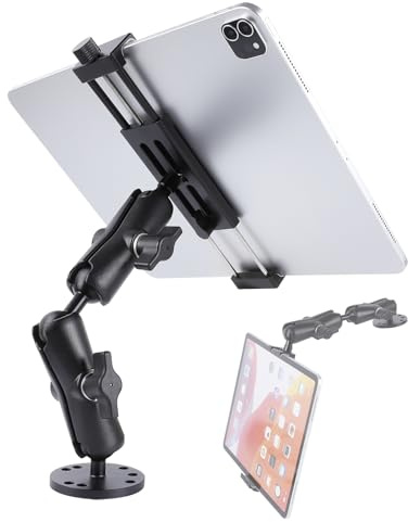 Aluminum Heavy-Duty Drill Base Tablet Holder Mount for 4.7-15 iPad Pro,Mini,Samsung Galaxy Tab, Surface, 360°Adjustable 2-Stage Arm Car Stand for Truck Dashboard Wall Desk Commercial Vehicle