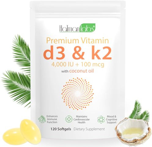 Vitamin D3&K2(MK7) Supplement Softgel, 4000 IU VIT + 100 MCG with Coconut Oil, 120 Easy-Swallow Vitamin D3 K2 Tablets, Gluten Free, High Strength Vegetarian Vitamin Supplements