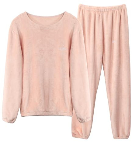 LACOFIA Women Fleece Pyjamas Sets Warm Loungewear Ladies Pjs Long Sleeve Nightwear Winter Couples Pajamas Light Pink XL