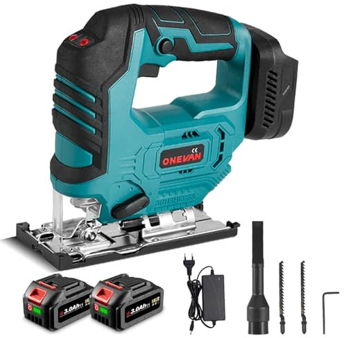 ONEVAN Seghetto alternativo a batteria, senza spazzole con 2 batterie da 3000 mAh, taglio smussato da -45° a 45° con 3 impostazioni orbitali, lunghezza 20 mm, seghetto alternativo elettrico per legno,