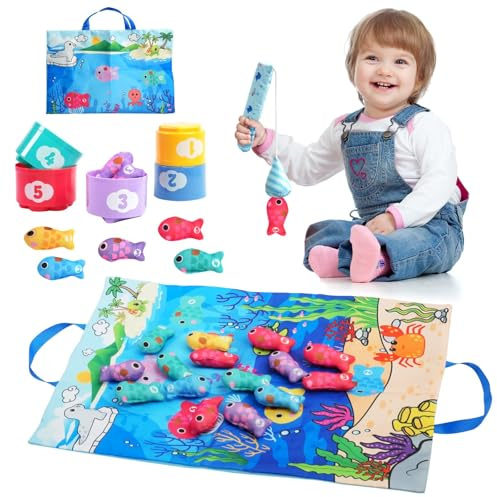 Bambebe Juego Pesca con 15 Peces Tela, Educativos Juguetes Niños 1 2 3 Año, Juguetes Montessori para Niños 1 Años, Cubos Apilables - Regalo Bebes 6-12-18 Meses