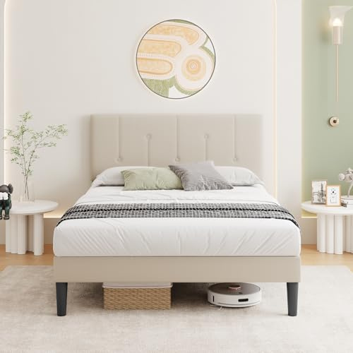 Vesgantti 3FT Single Bed Frame & Adjustable Headboard,Easy Assembly | Solid Wooden Slats & Upholstered Platform, No Box Spring Needed, Under Bed Storage, 90 x 190 cm, Beige