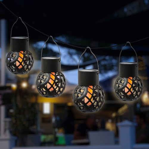 LED Solar Hängeleuchten Feuerball Kugelleuchte mit Flammeneffekt Solarleuchte Solarlampen Gartenkugel zum Aufhängen für Garten Terrasse Balkon H: 9cm mit Dämmerungssensor (4 Stück)