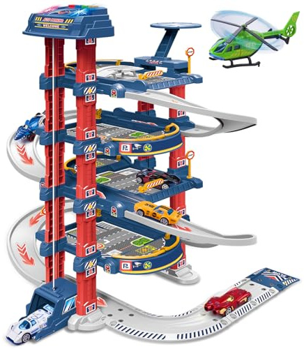 DUYOYU City Ultimate Garage Track Set with Electric Elevator, Upgrade 5 Levels Toy Car Garage with 5 Die-Cast Toy Cars & 1 Helicopter