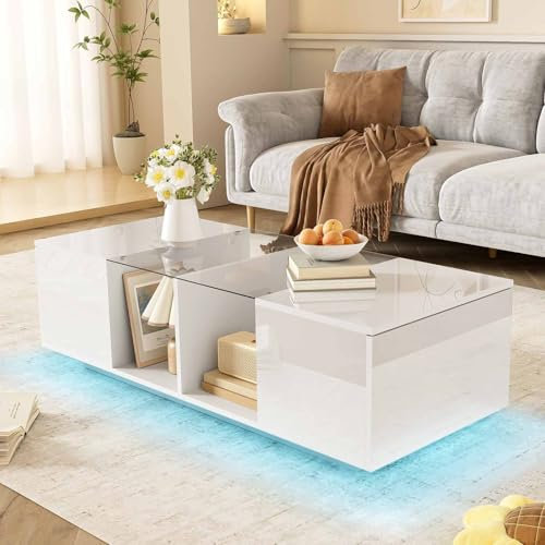 YEHTOKHOME Table Basse Moderne avec éclairage LED et 2 Portes latérales,multifonctionnelle Table d'appoint carrée avec Espace de Rangement,mobilier de Salon,120x50x38.5cm (Blanc)