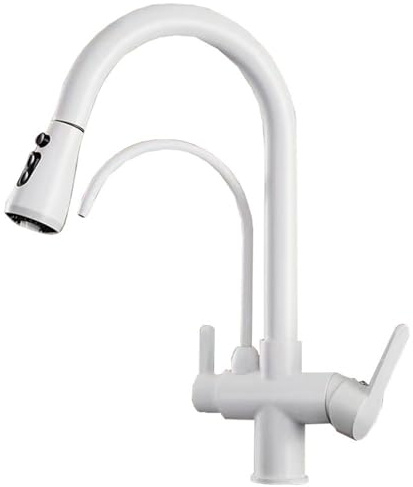 XJTNLB Rubinetto 3 Vie Cucina con Doccetta Estraibile Bianco 2 Modalità Collo di Cigno Rubinetto Depuratore Acqua